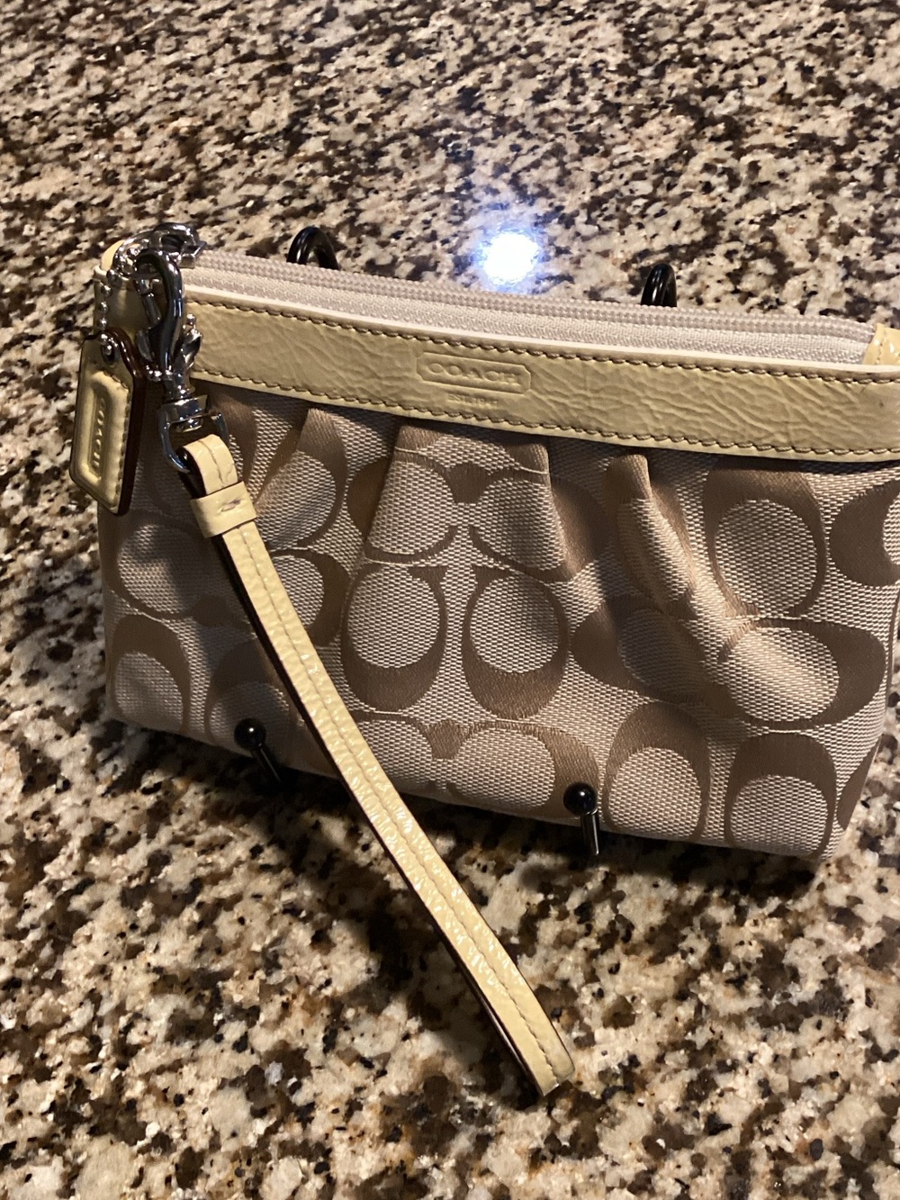 Coach Beige Signature Canvas Wristlet with Pale Leather Trim